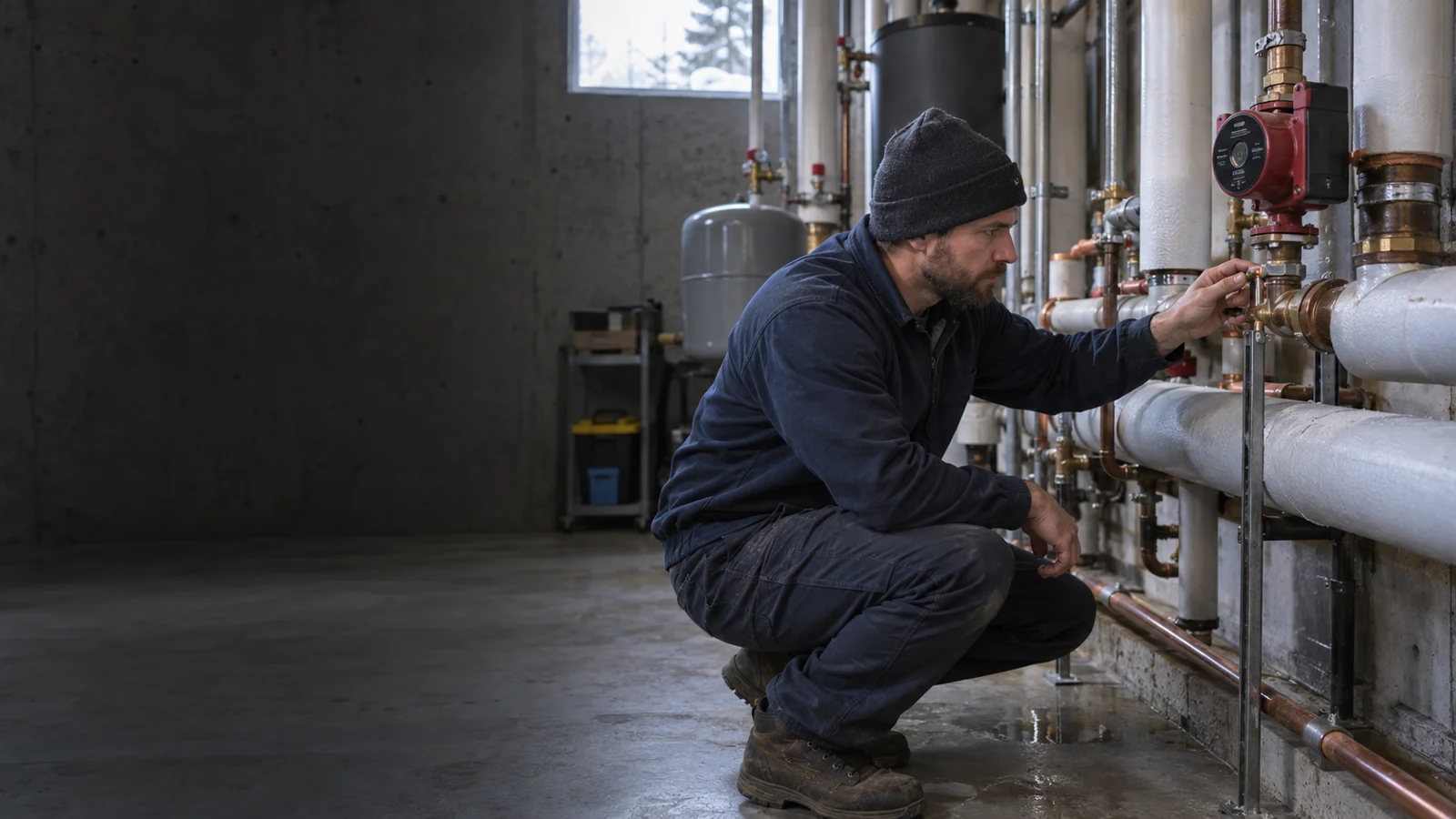 Plumber examining plumbing for hydronic pipe leak repair in Calgary