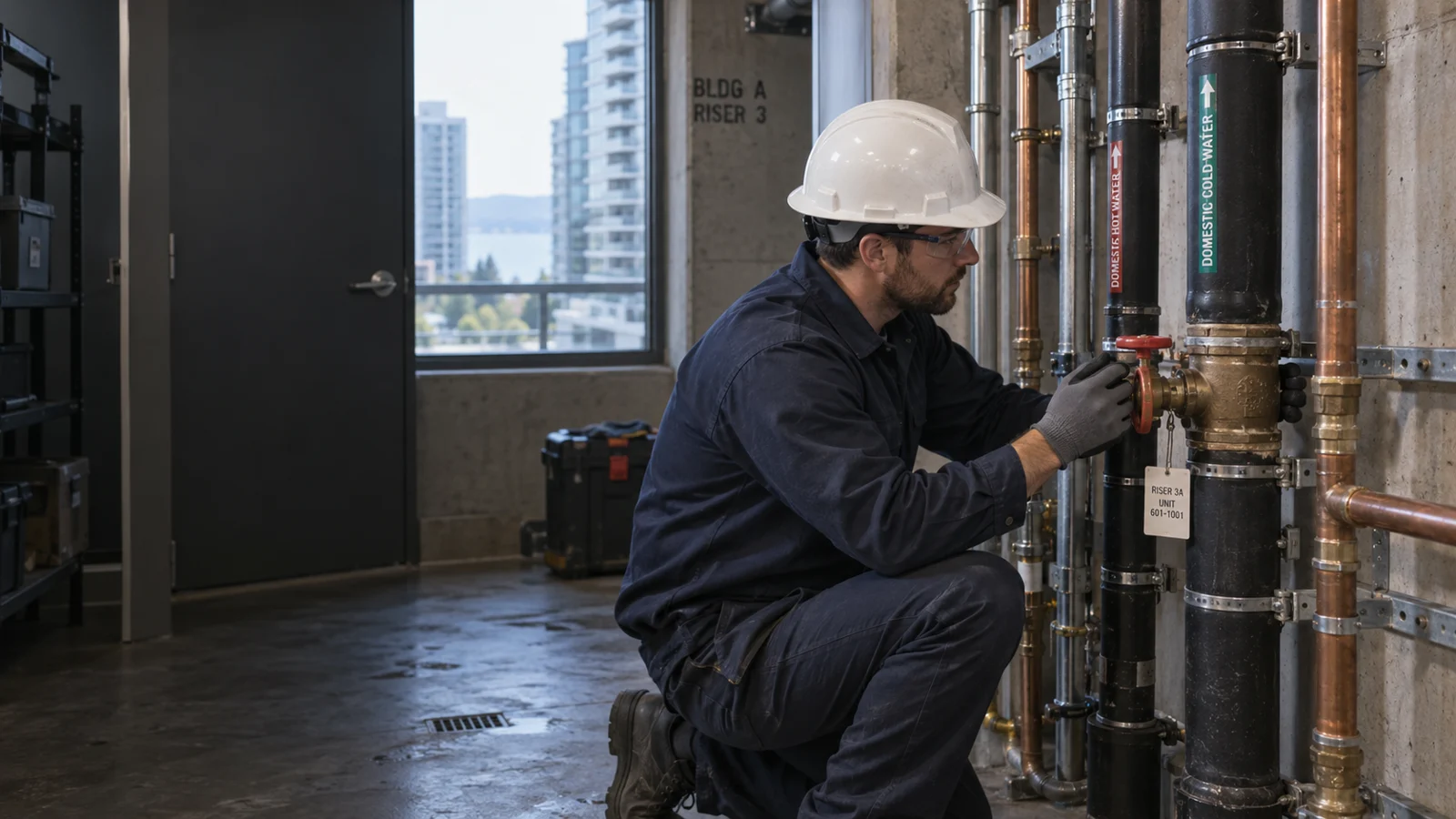 Plumber examining plumbing for riser pipe leak repair in Calgary