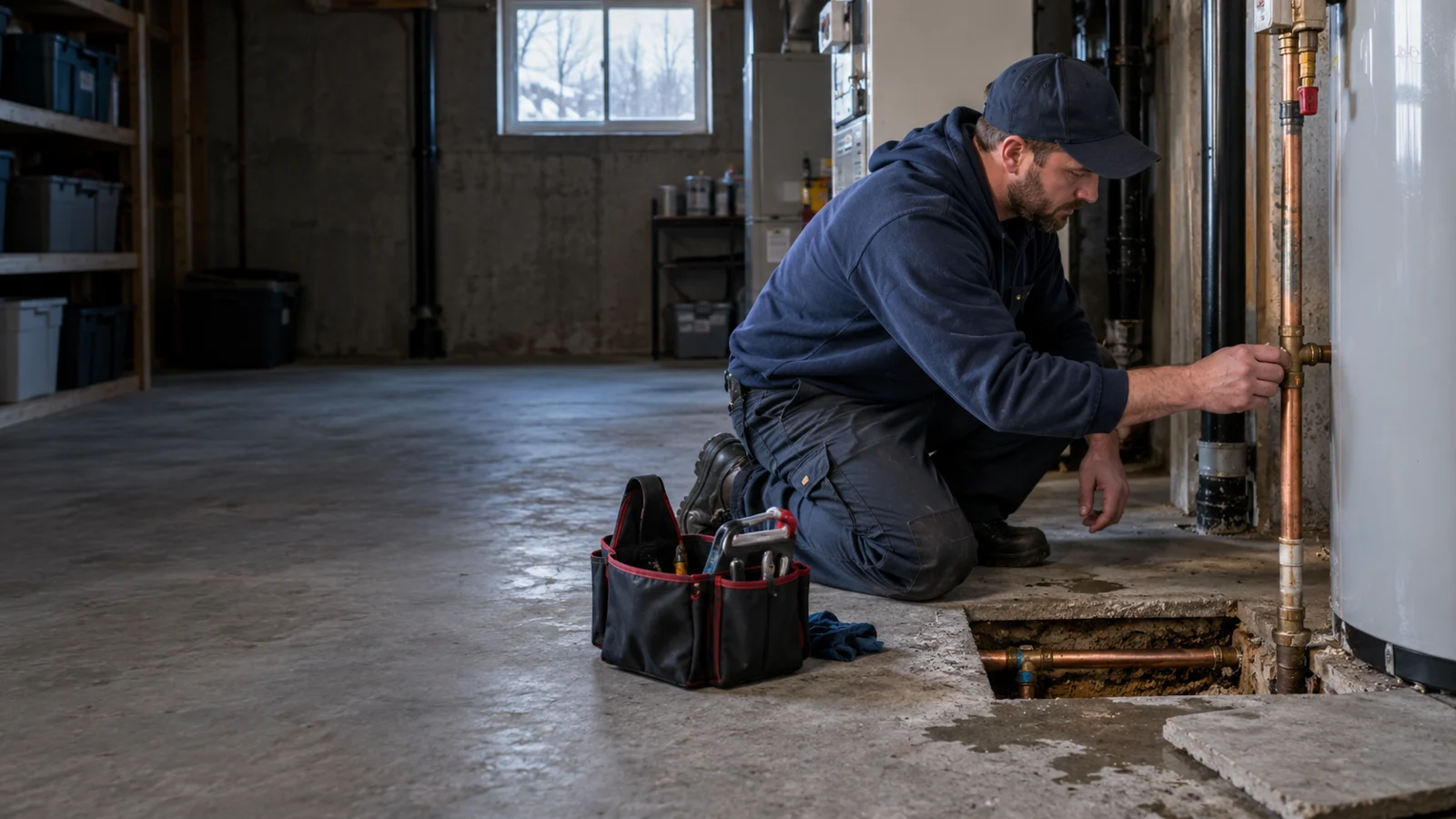 Plumber examining plumbing for slab leak repair in Calgary