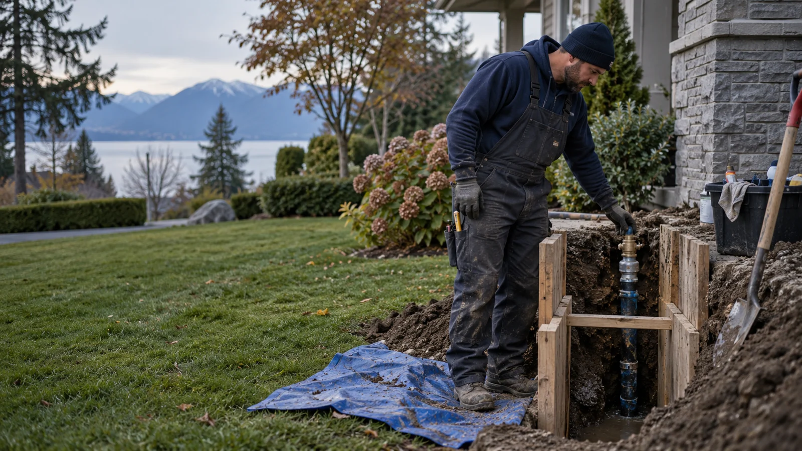 Plumber examining plumbing for underground water line leak repair in Calgary