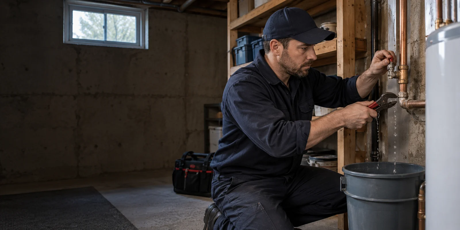 Plumber inspecting exposed water piping in a utility room, illustrating emergency plumbing assessment for NW Calgary