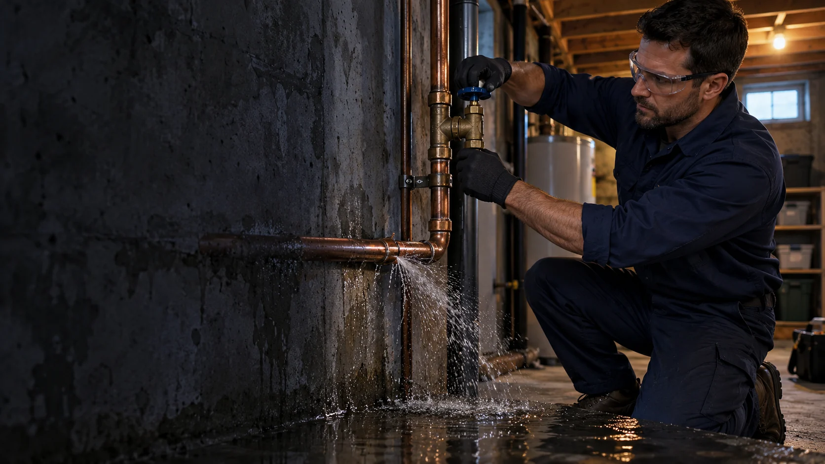 Plumber assessing a leaking copper pipe inside a property, illustrating plumbing source repairs for Chestermere