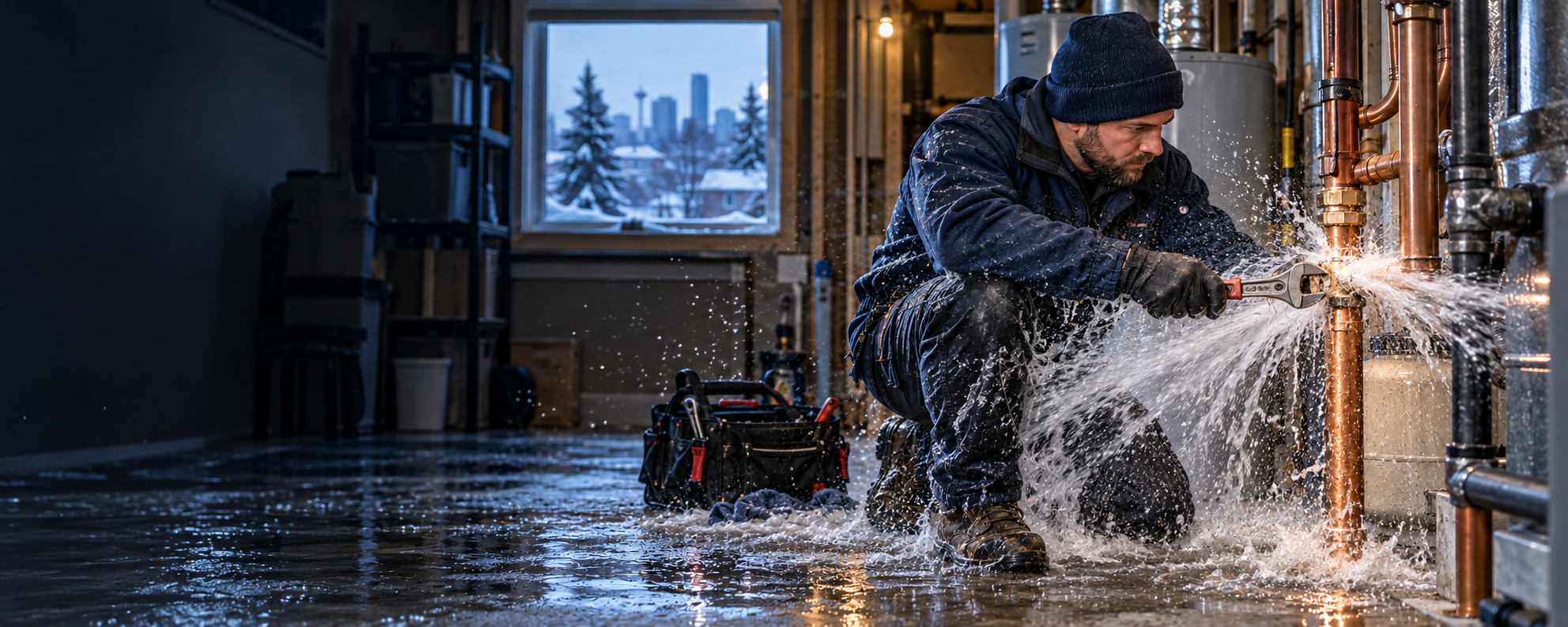 Plumber repairing burst copper pipework during an emergency plumbing callout in Calgary