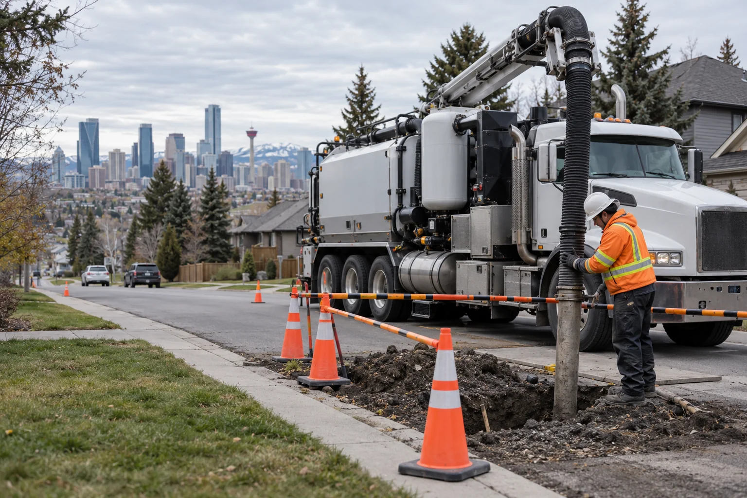 Hydrovac truck and vacuum hose at a secured roadside excavation for emergency hydrovac service in Calgary