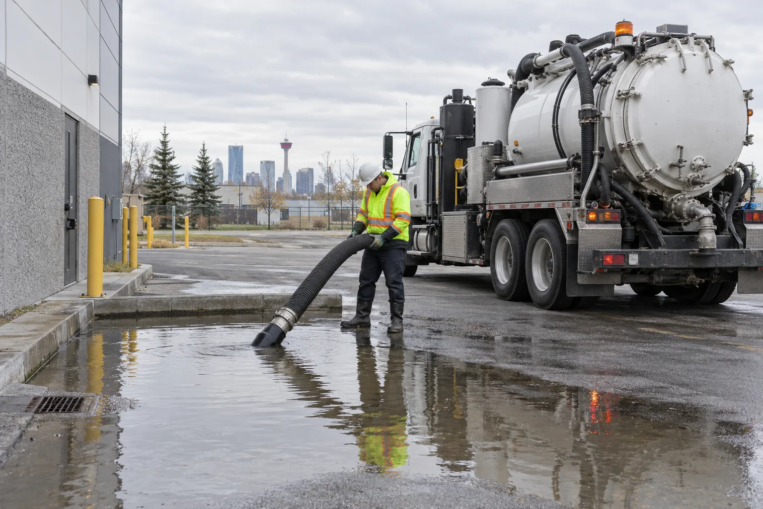 Vacuum truck collecting standing water beside a commercial building for Calgary emergency vac truck service
