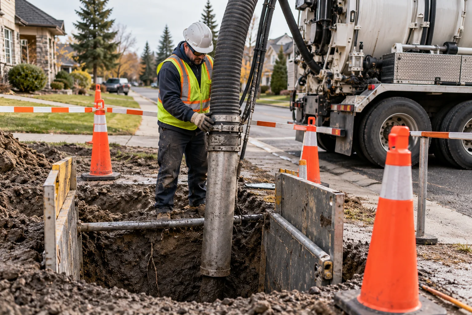 Operator guiding a vacuum hose above an exposed pipe at a secured Calgary hydrovac excavation