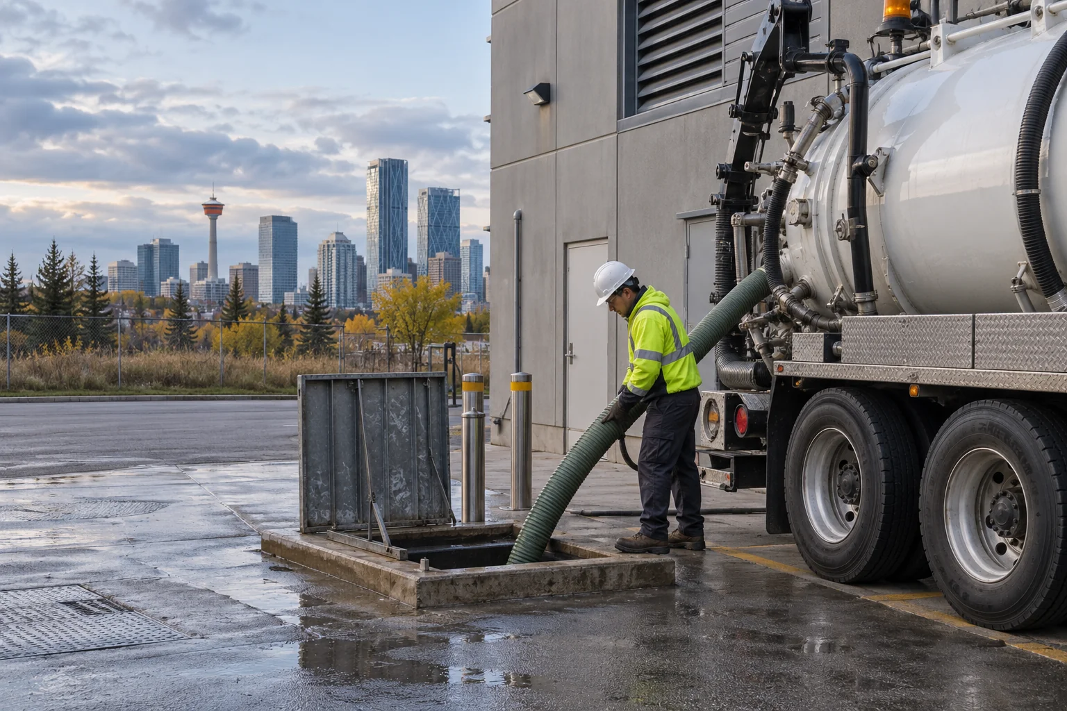 Pump-out truck and suction hose beside a commercial utility sump for Calgary emergency pump truck service