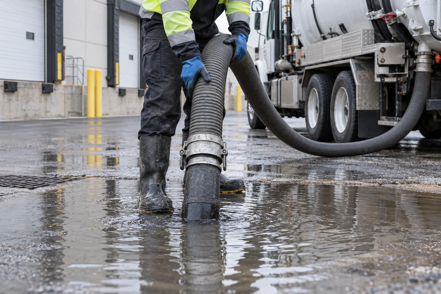 Gloved operator controlling a suction hose in a shallow commercial-site puddle for emergency vacuum collection in Calgary