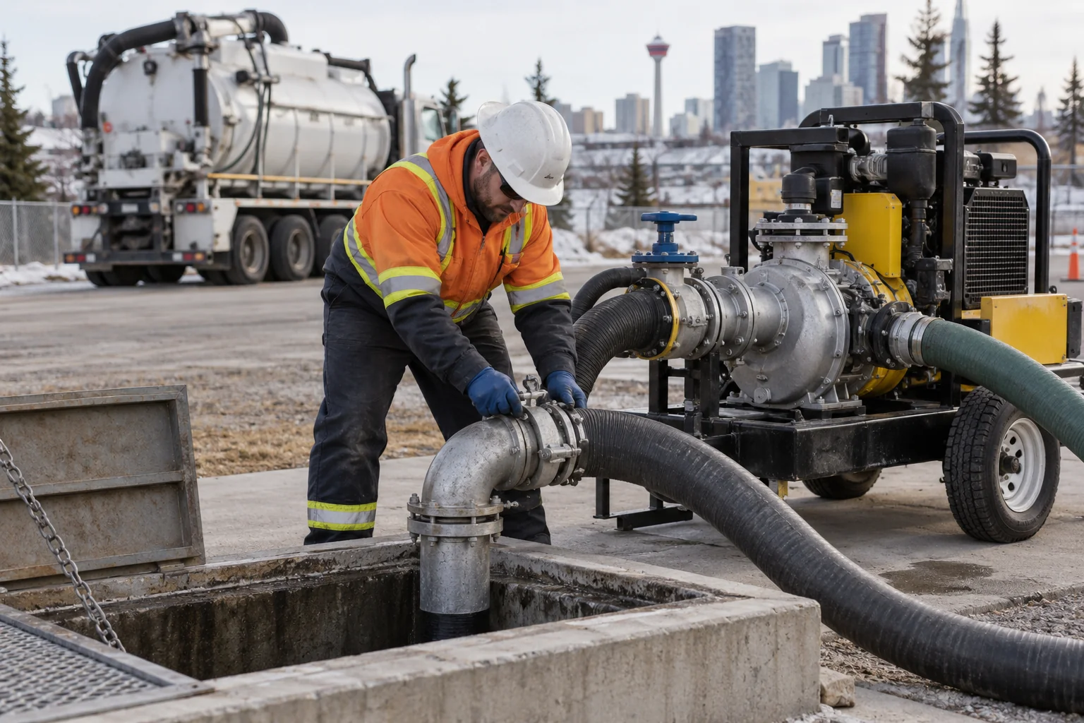 Technician checking reinforced hose couplings at an industrial transfer pump for Calgary emergency bulk water pumping