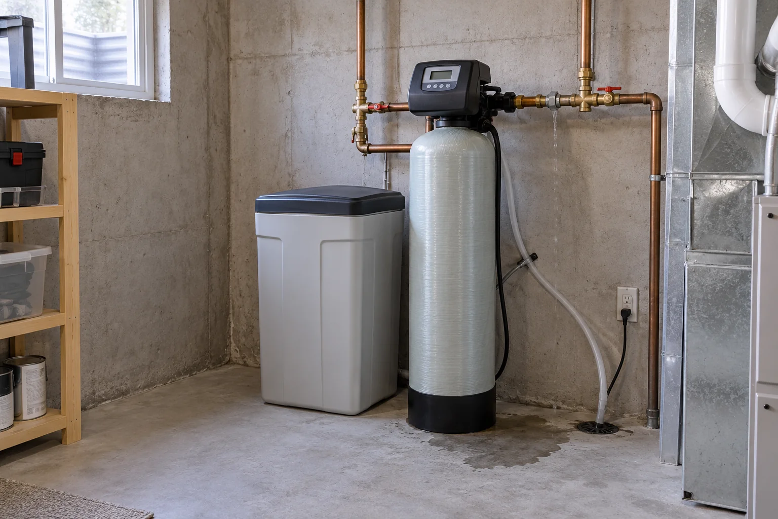 Water softener and brine cabinet beside a damp supply connection for Calgary water softener leak service