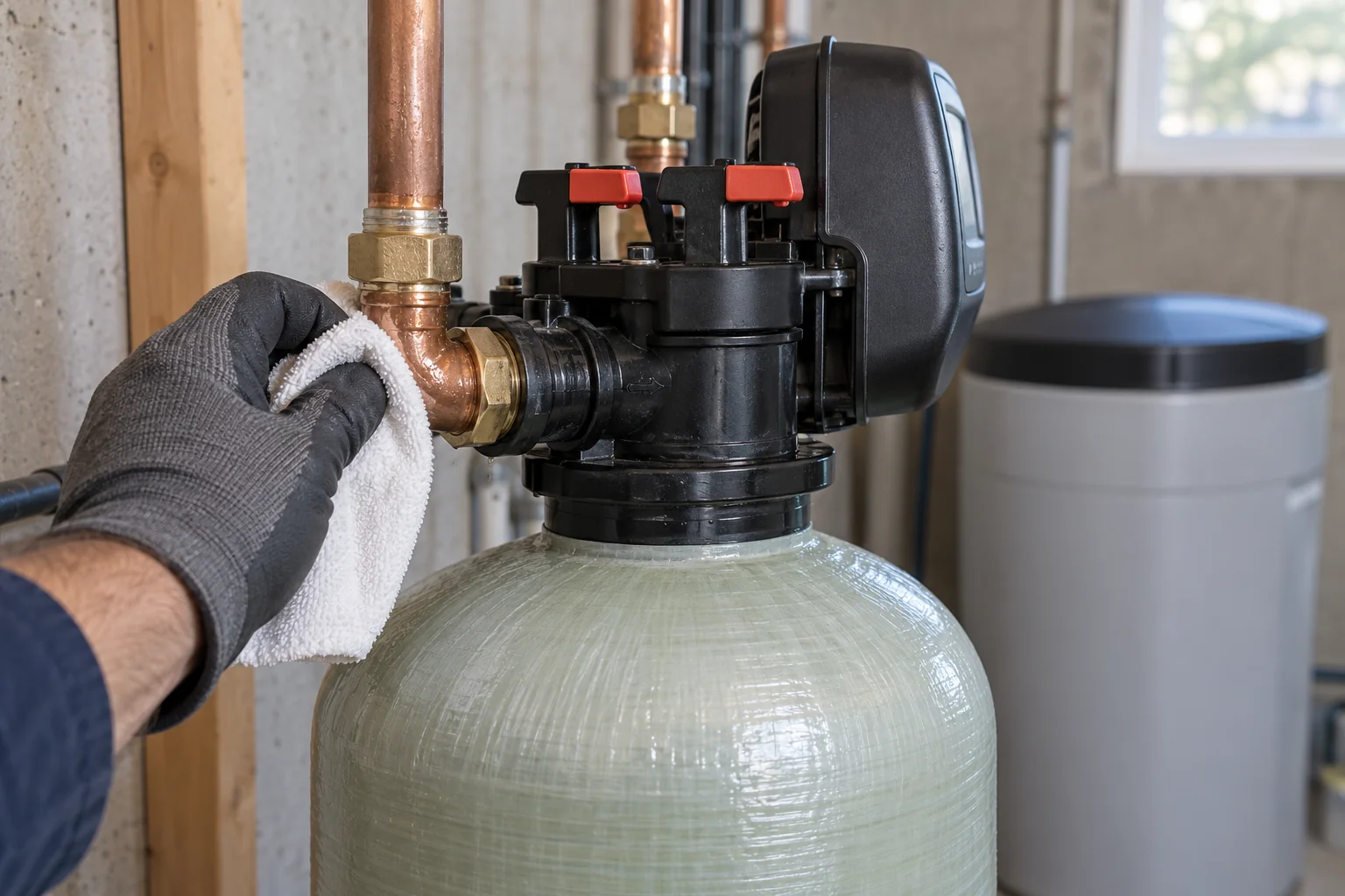 Water softener bypass connection being inspected for a Calgary water softener leak