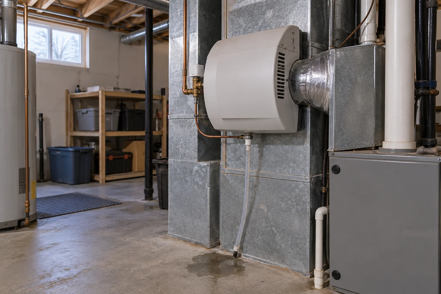 Furnace humidifier and water feed in a utility room for Calgary humidifier leak service