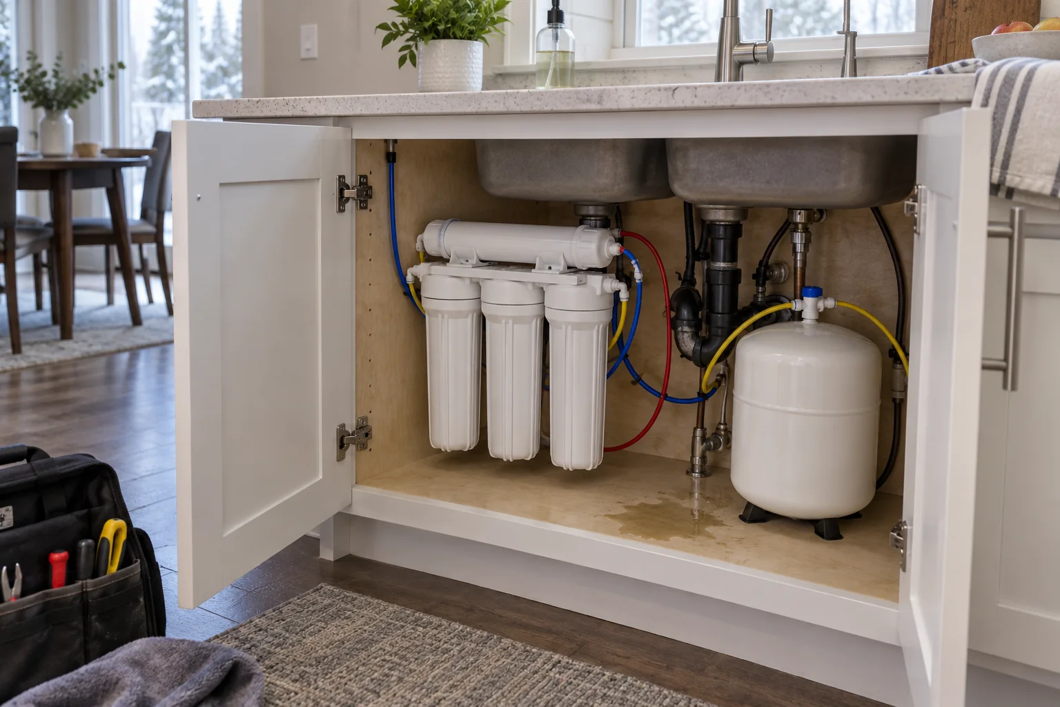 Under sink reverse osmosis filters and storage tank for Calgary emergency RO leak service
