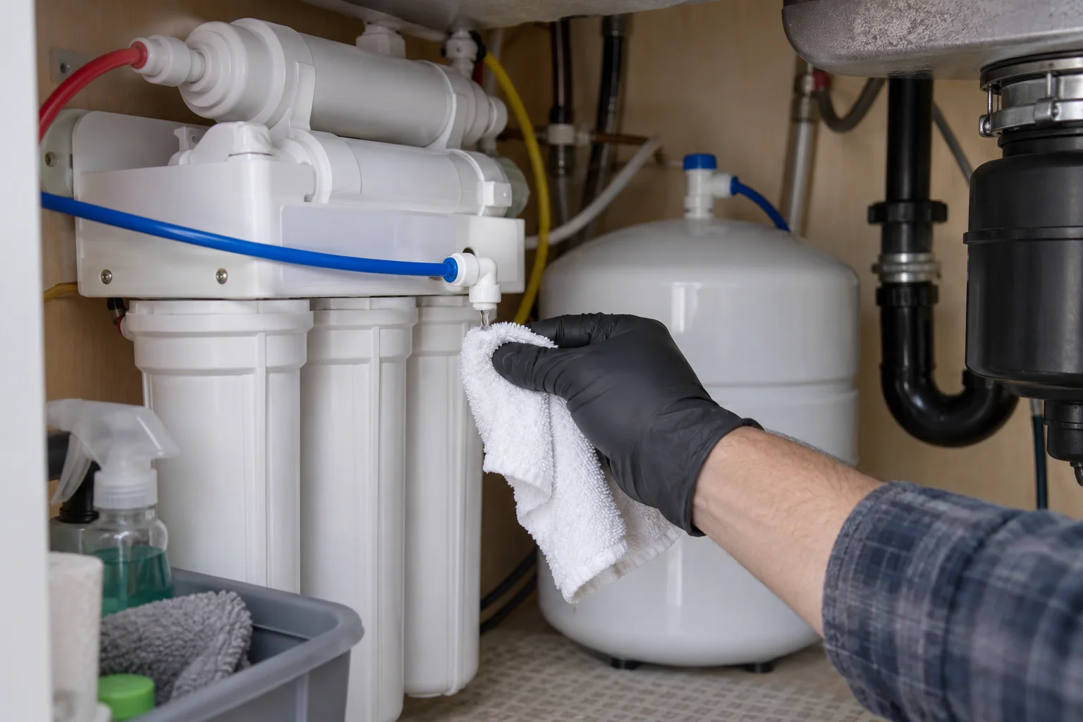 Reverse osmosis tubing connector checked for Calgary RO leak repair