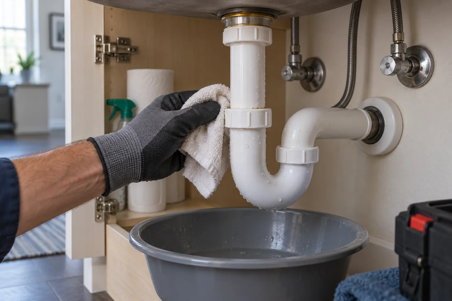 Sink drain slip joint inspected for Calgary emergency drain leak repair