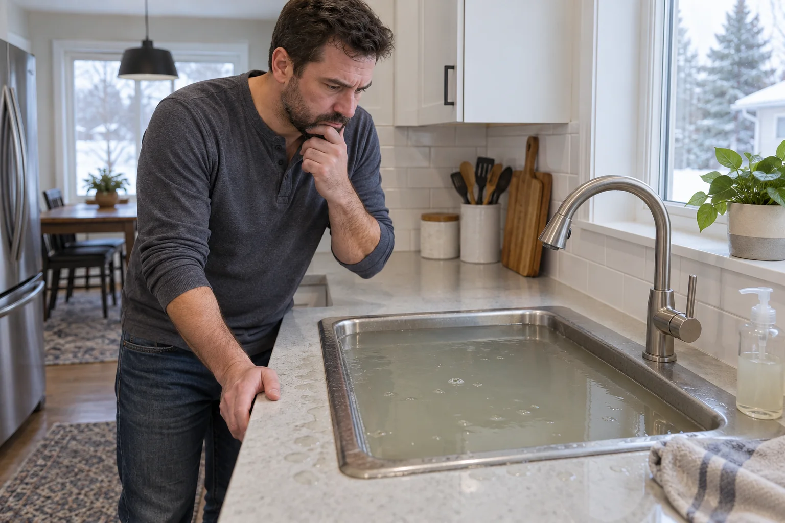 Kitchen sink holding backed up water for Calgary overflowing sink repair