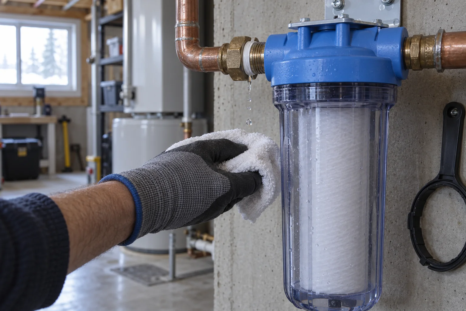 Water filter inlet fitting inspected for Calgary water filter leak repair