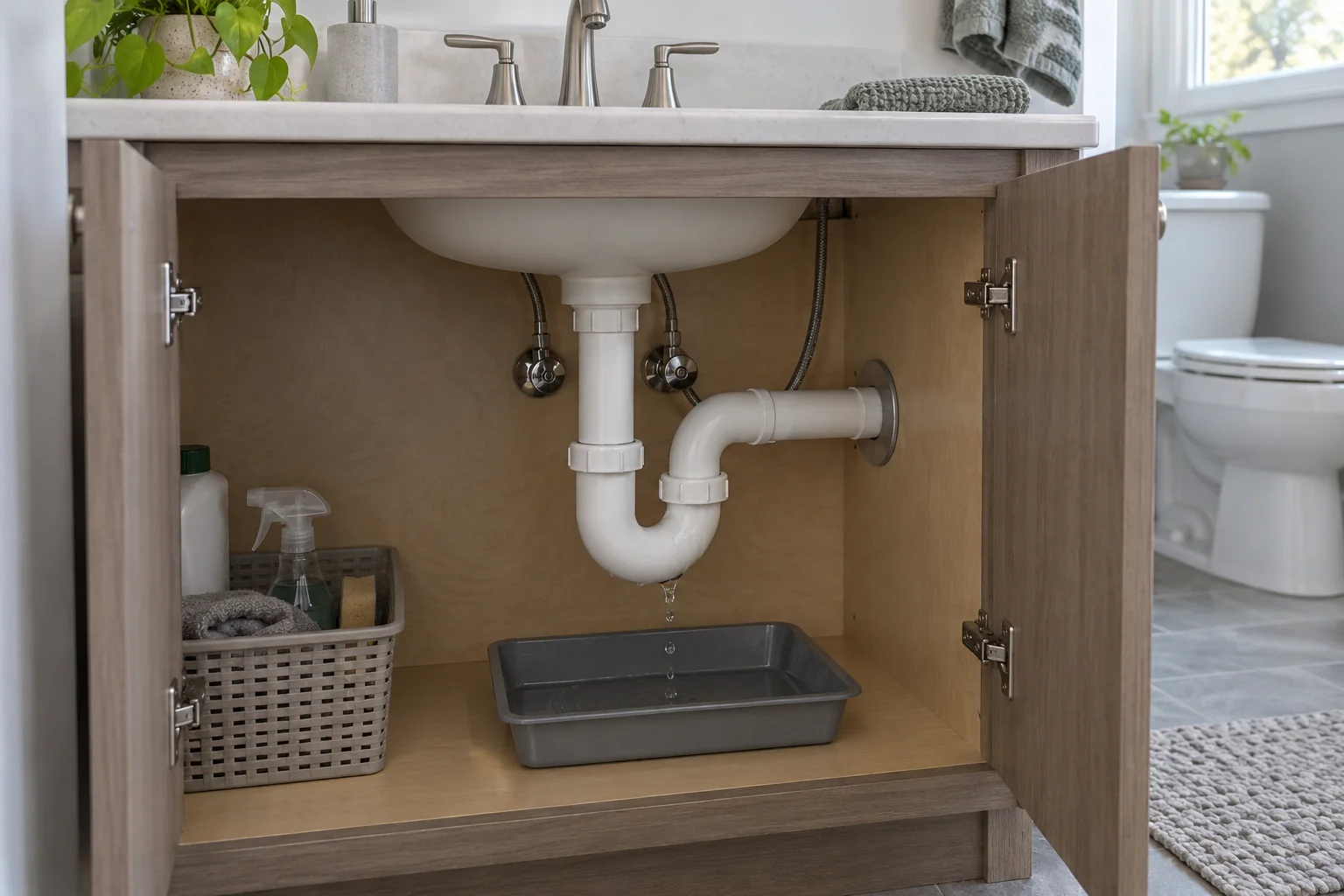 Bathroom sink drain trap and catch tray for Calgary emergency drain leak service