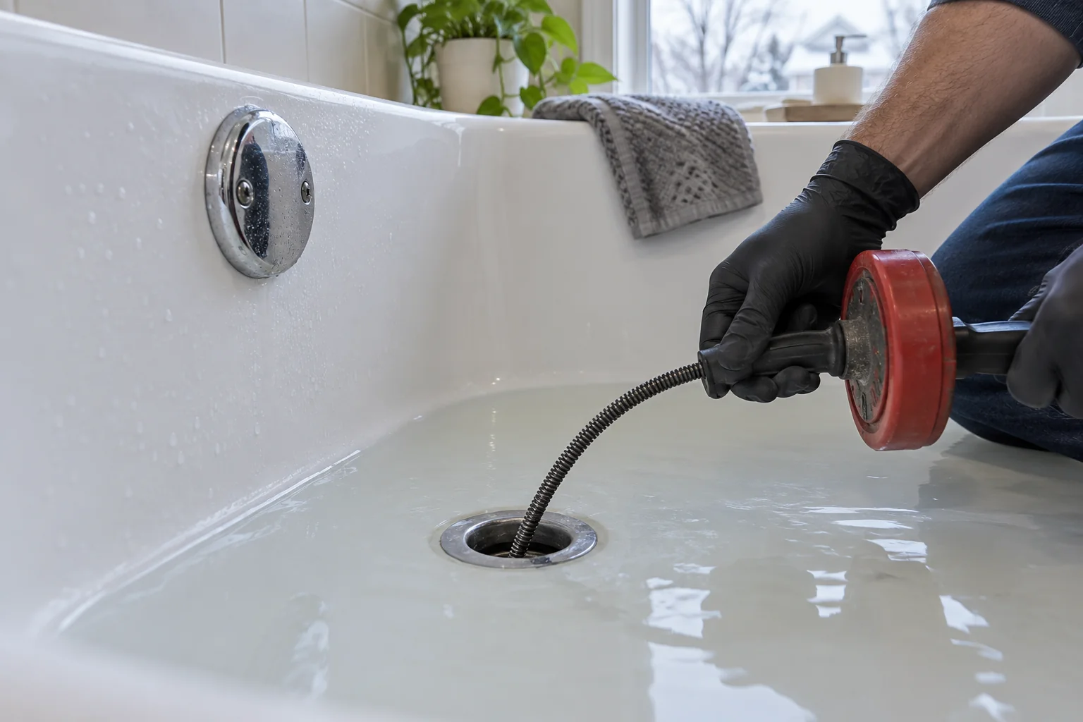 Bathtub drain inspected for Calgary overflowing bathtub repair