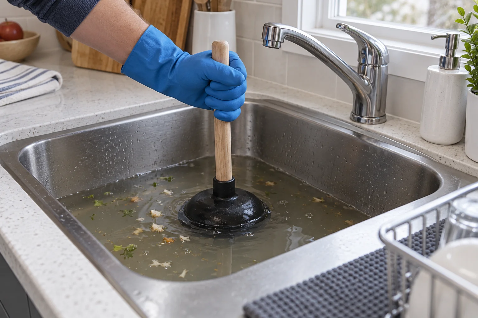 Kitchen sink drain assessed for Calgary overflowing sink repair