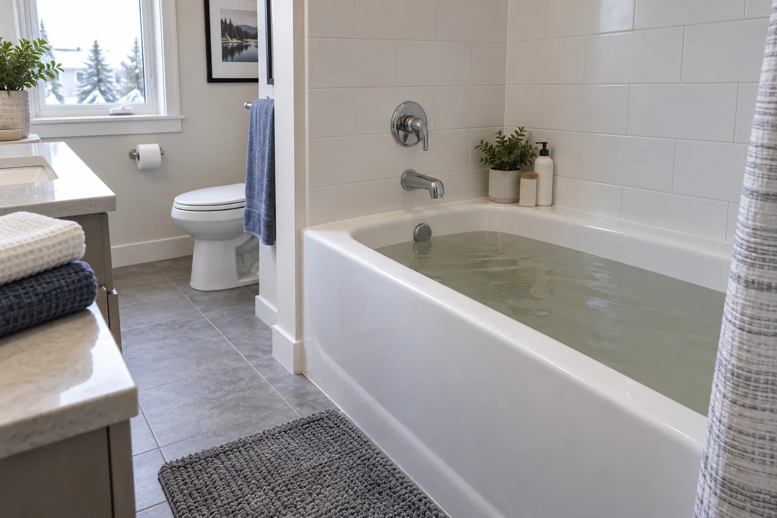 Bathtub with backed up water for Calgary overflowing bathtub repair