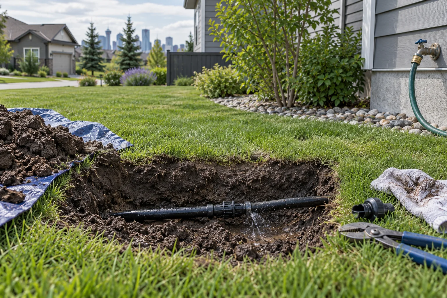 Exposed irrigation supply line in a Calgary yard for sprinkler line leak repair