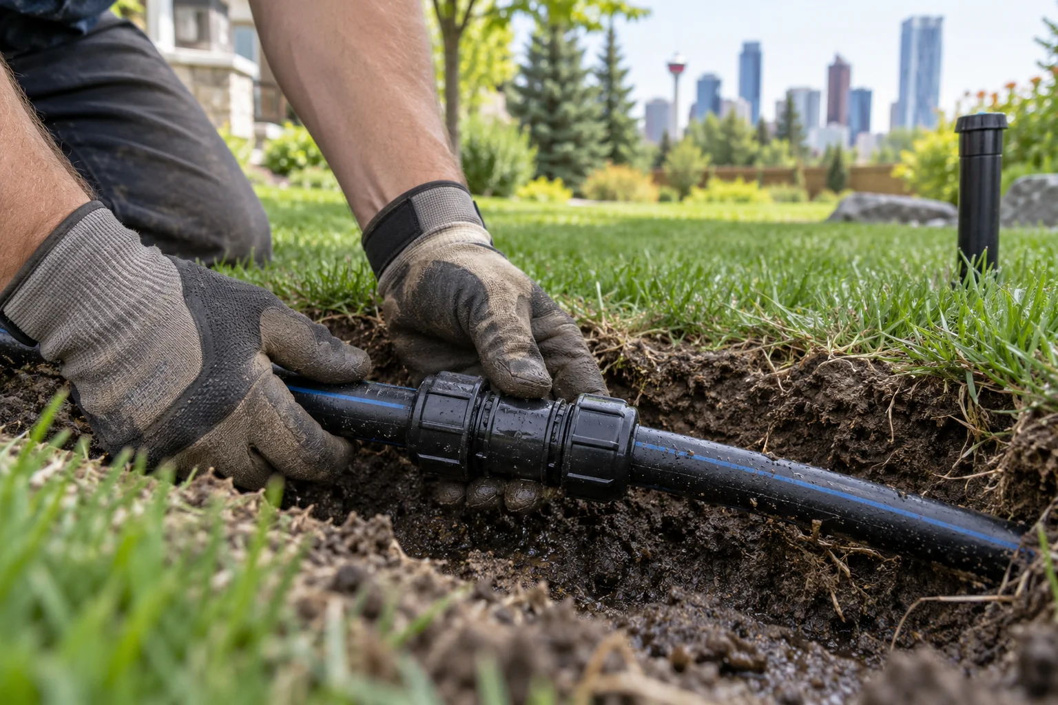 Inspection of an irrigation pipe coupling for Calgary sprinkler line leak repair