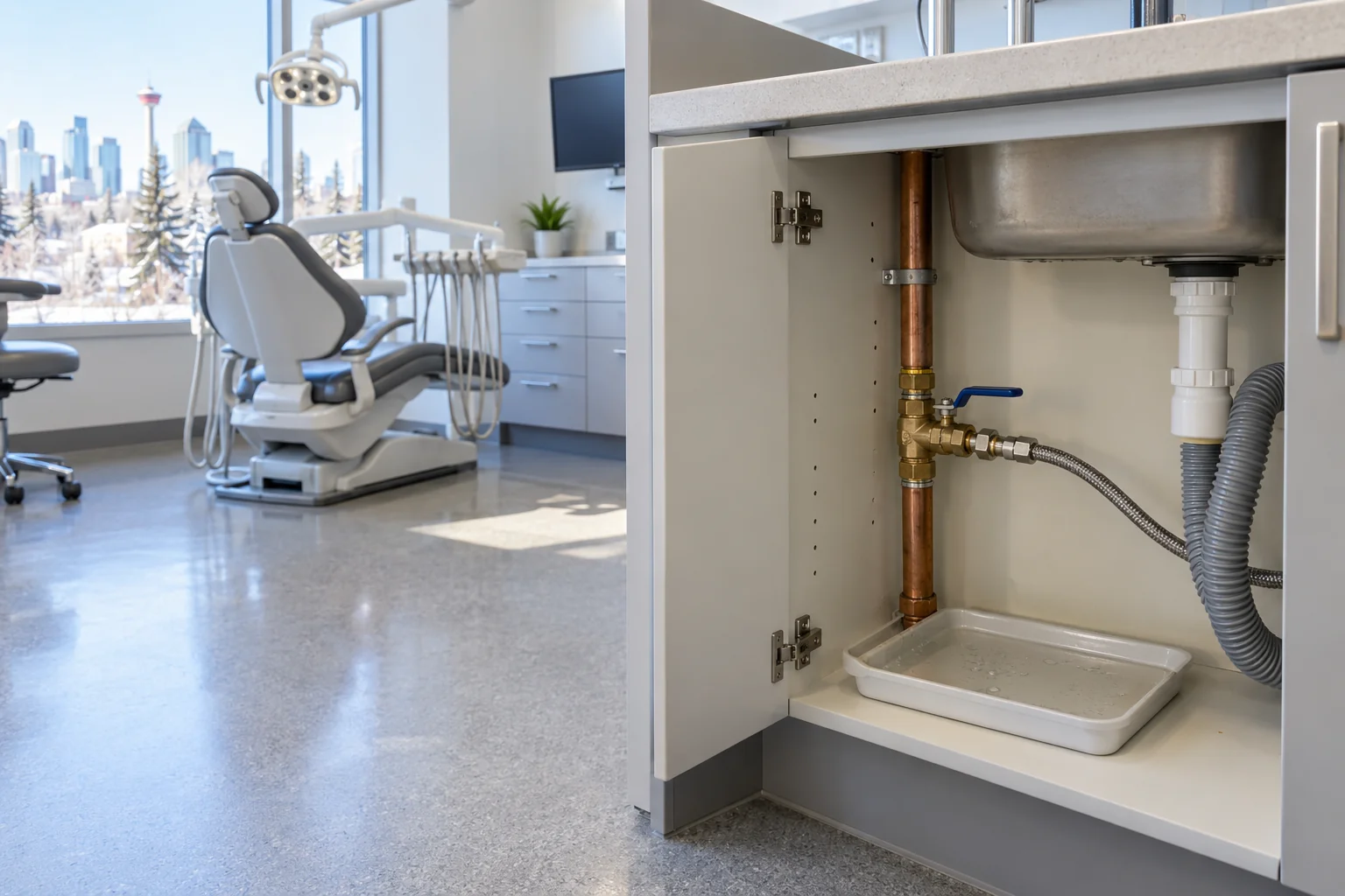 Accessible external water connection in a treatment room for Calgary medical equipment leak repair
