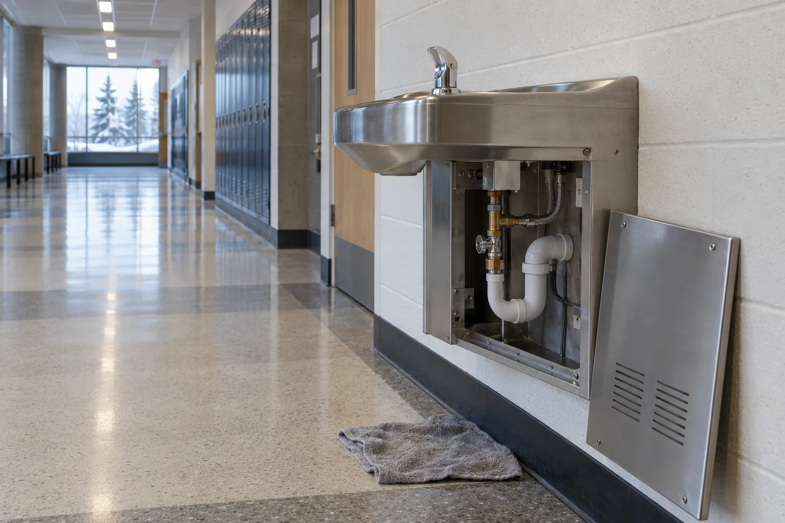 Wall mounted drinking fountain with accessible plumbing for Calgary drinking fountain leak repair