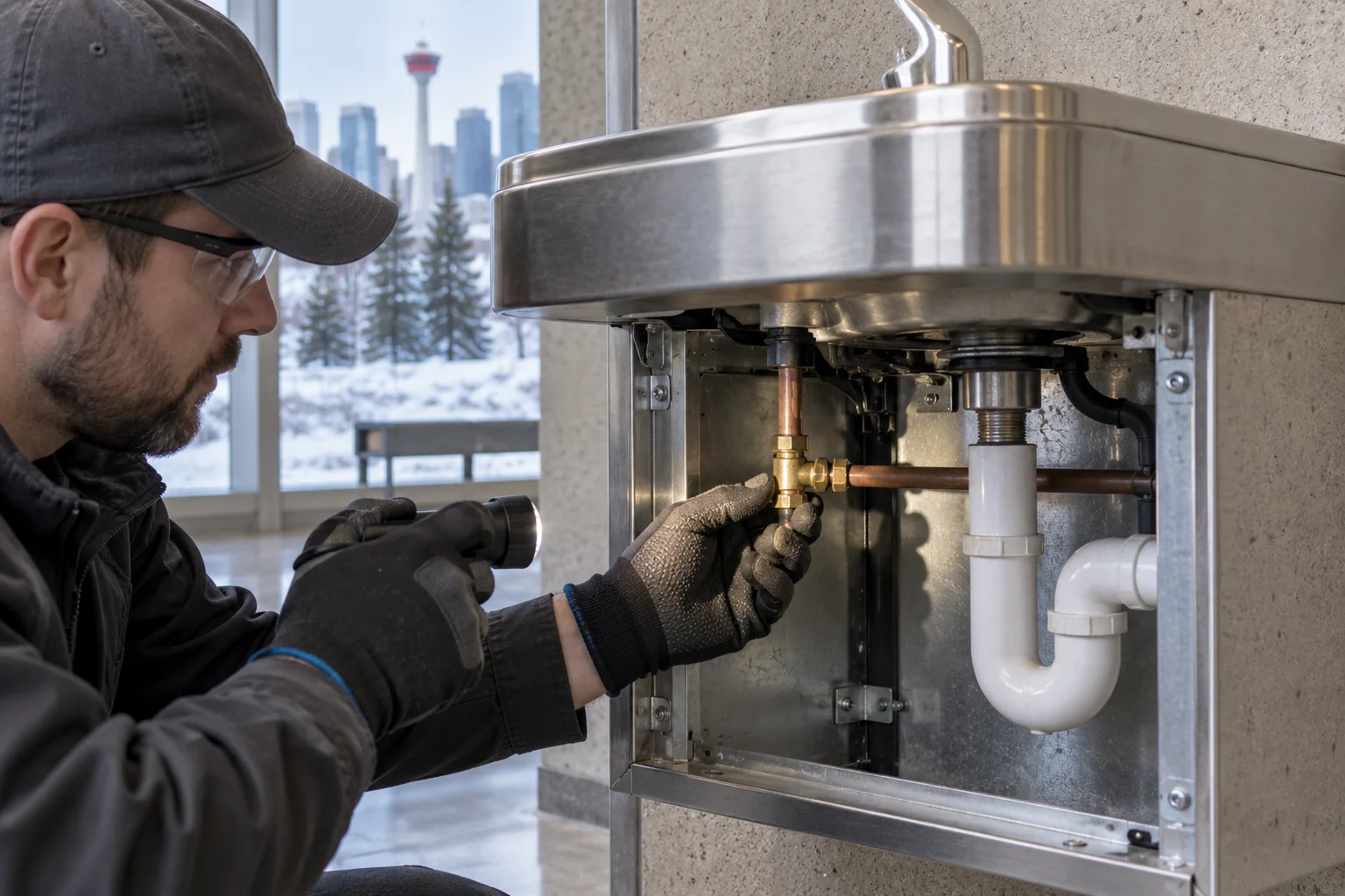 Supply connection inspection beneath a fountain for Calgary drinking fountain leak repair