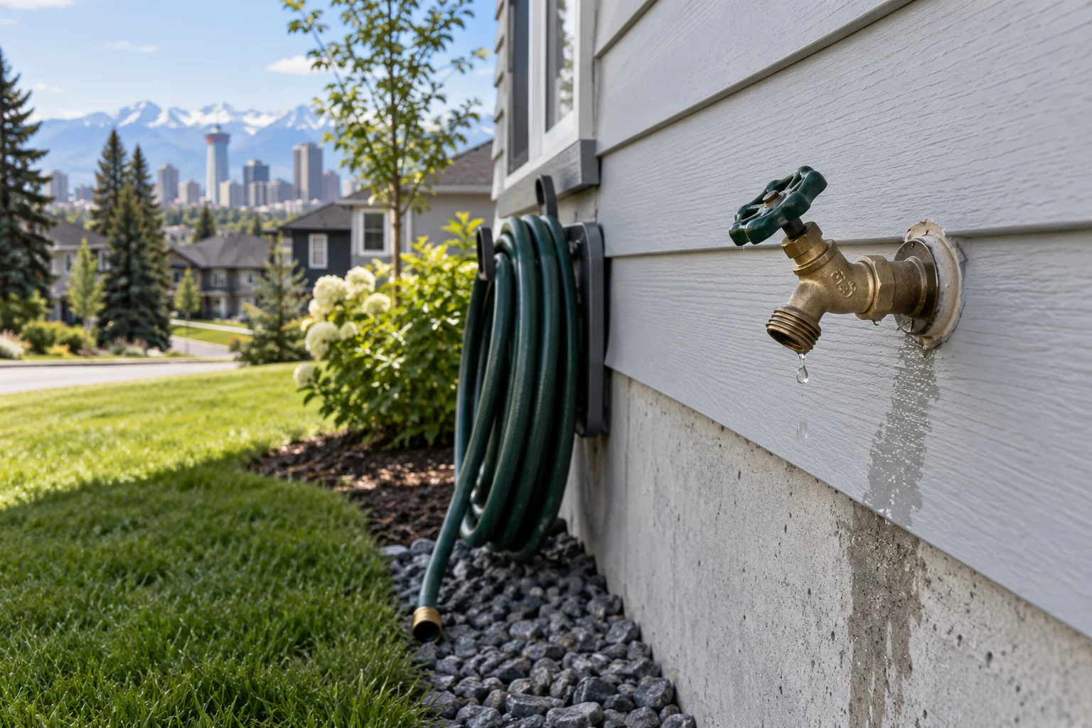 Outdoor hose bib beside a Calgary home for hose bib leak repair