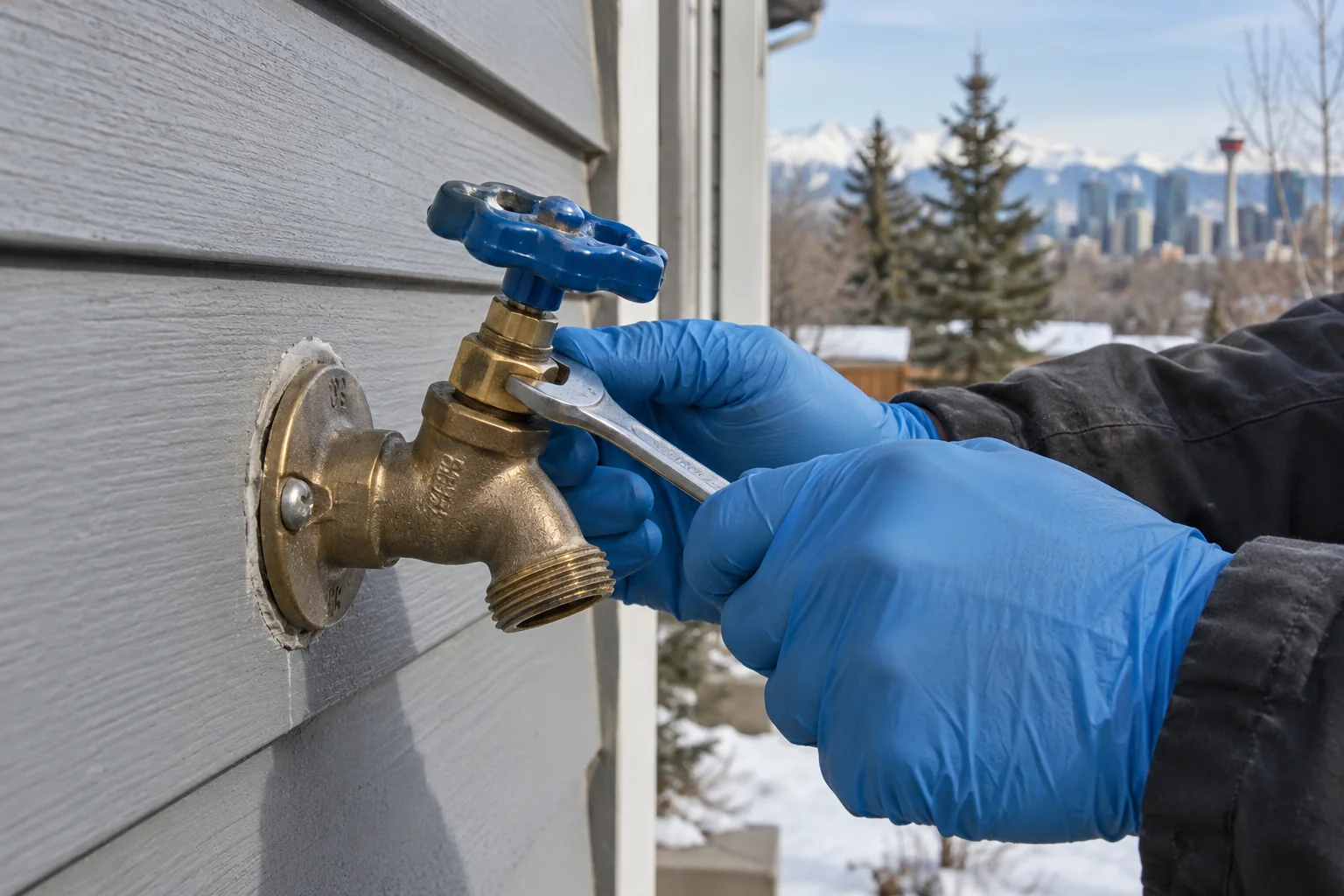 Inspection of an outdoor faucet connection for Calgary hose bib leak repair