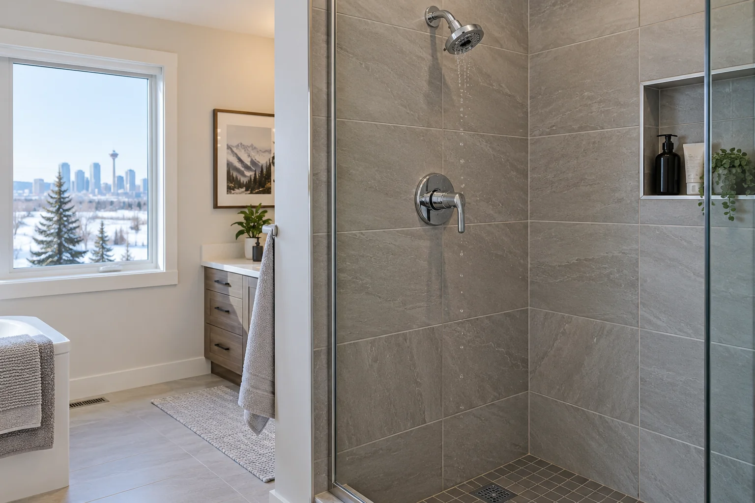 Single lever shower fixture in a Calgary bathroom for shower cartridge leak repair