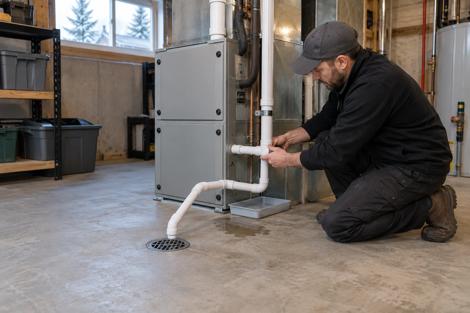 Basement condensate drain piping for Calgary condensate line leak repair