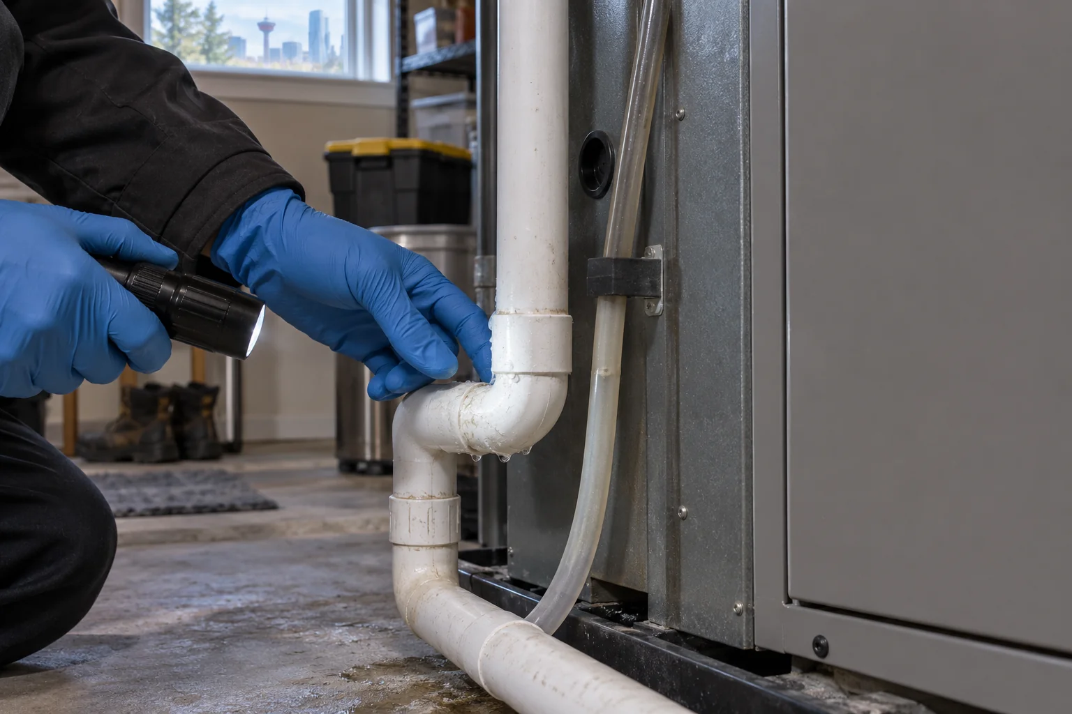 Condensate drain joint inspection for Calgary condensate line leak repair