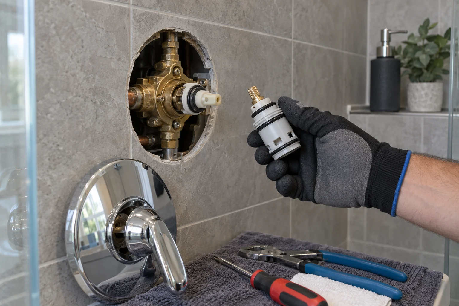 Shower valve cartridge inspection for Calgary shower cartridge leak repair