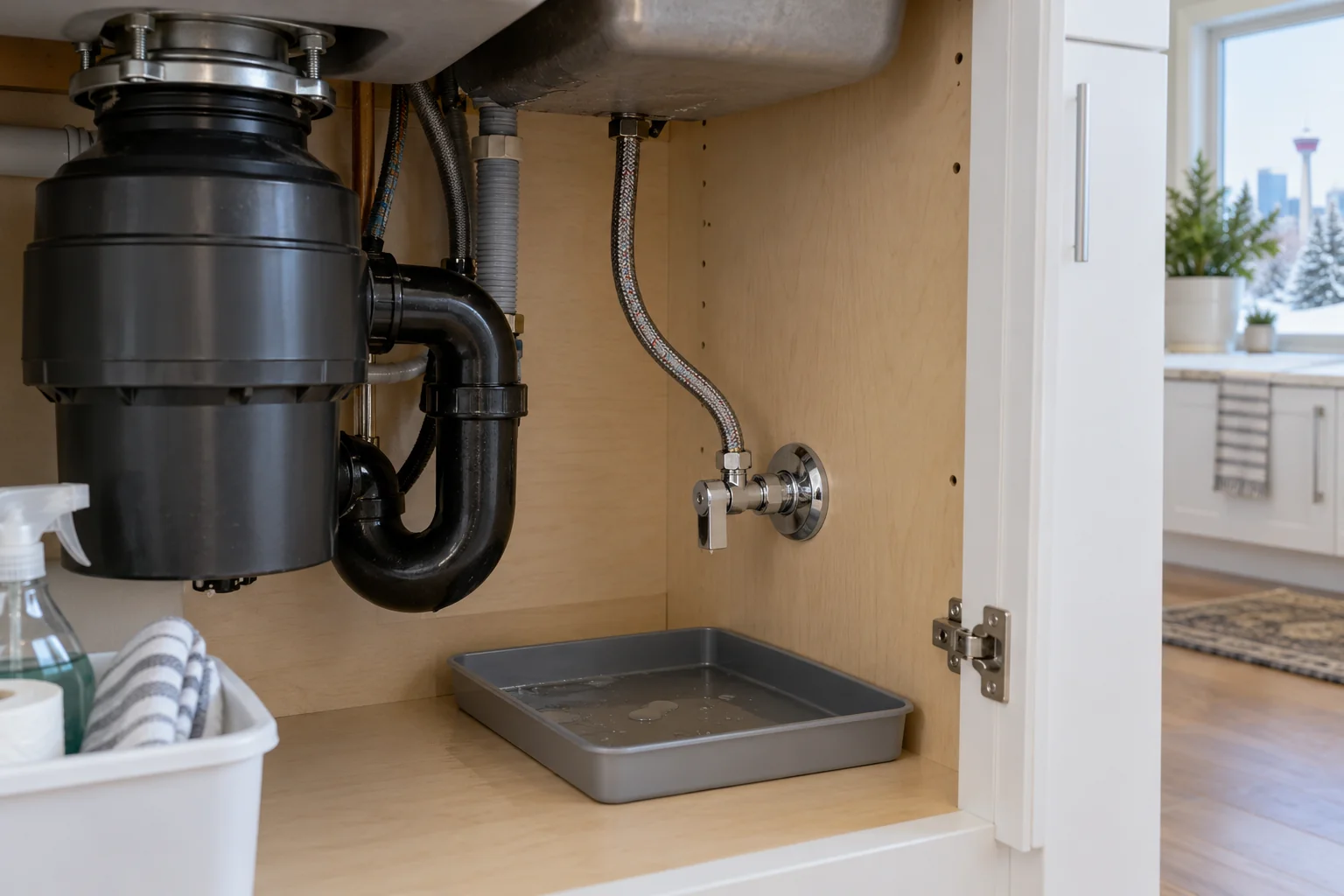 Under-sink shutoff valve and supply line for Calgary angle stop leak repair