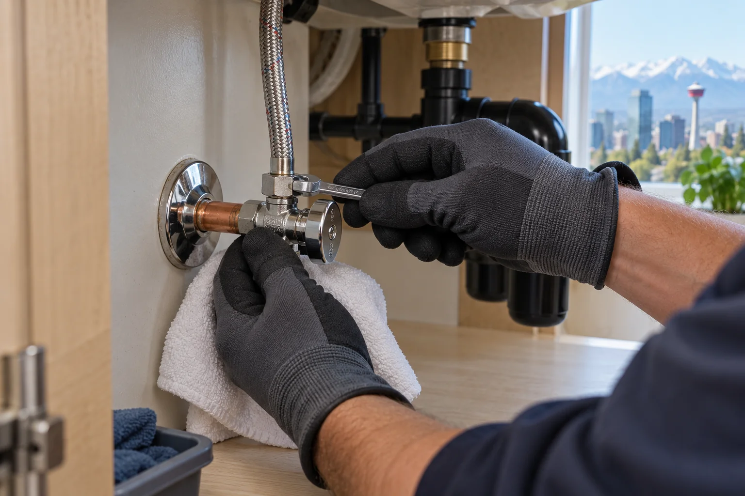 Inspection of an under-sink angle stop for Calgary angle stop leak repair