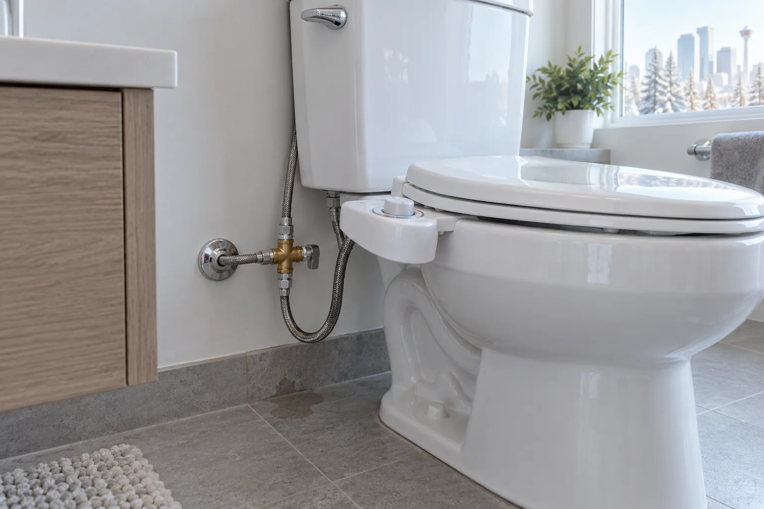 Bidet attachment water supply beside a Calgary toilet for bidet leak repair