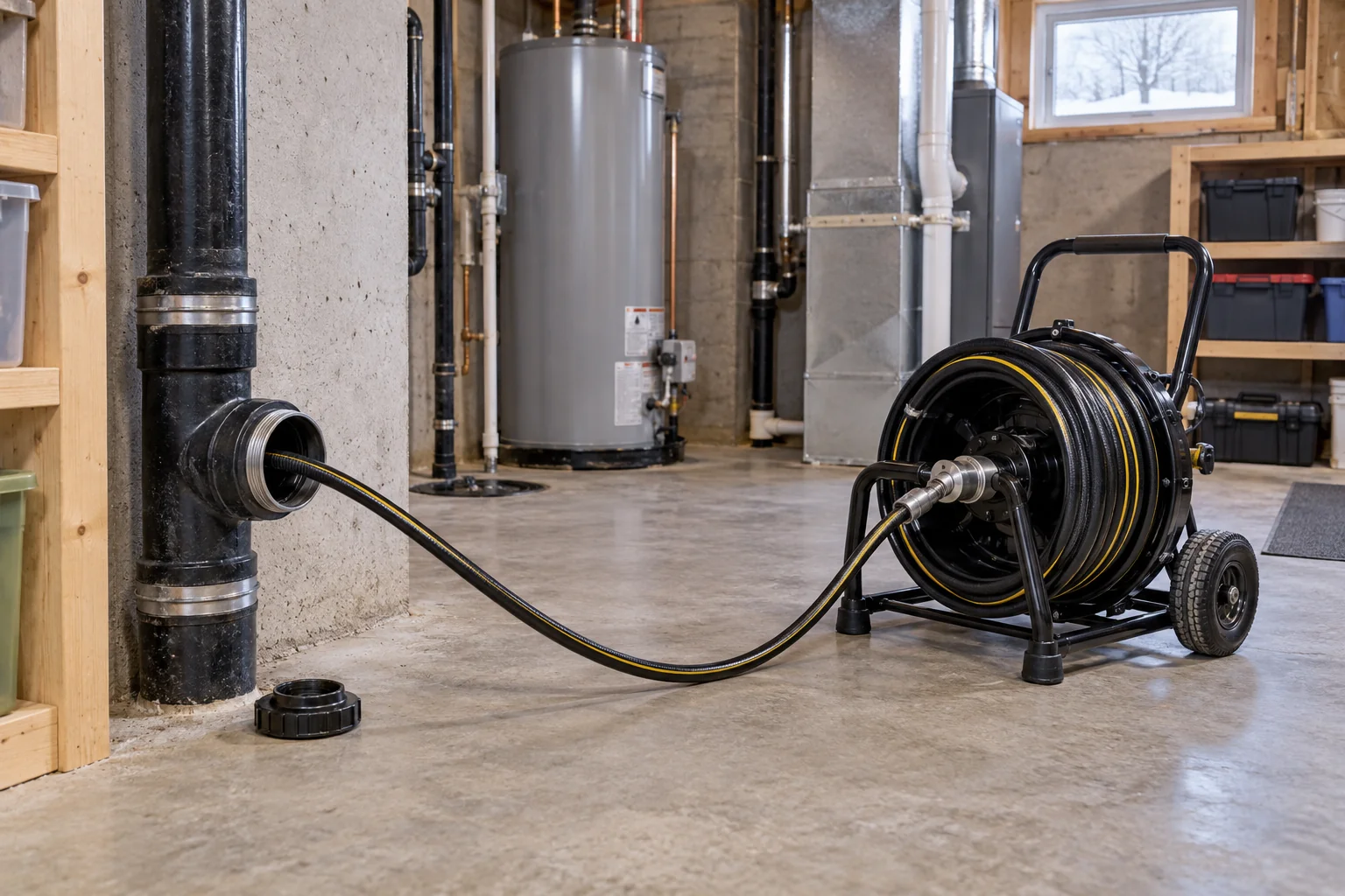 Drain cleaning hose and reel at a sewer cleanout for Calgary hydro jetting
