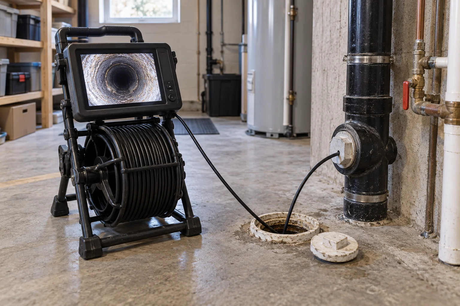 Drain camera reel beside a sewer cleanout for Calgary sewer camera inspection