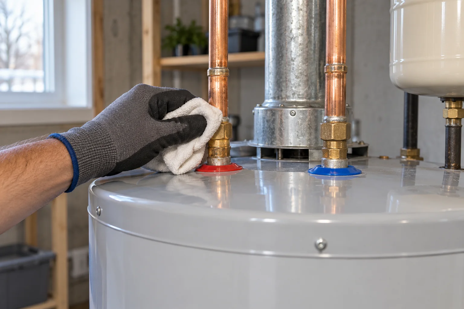 Replacement hot water tank connections checked for Calgary tank installation