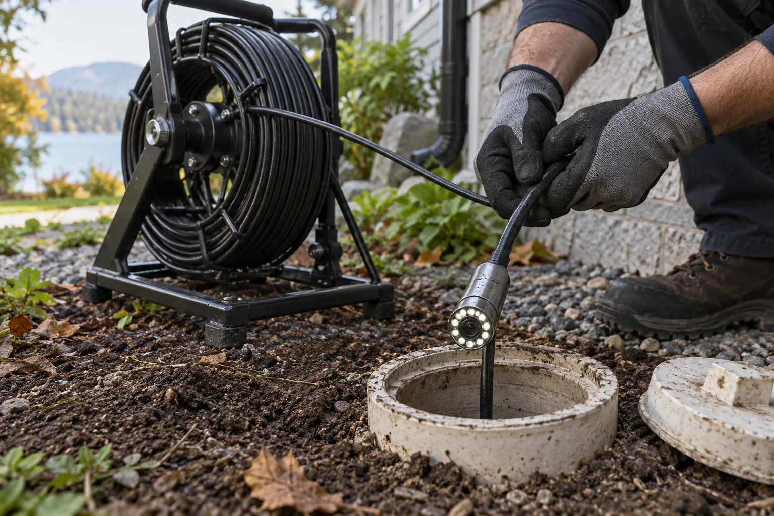 Drain camera cable guided into a cleanout for Calgary sewer inspection