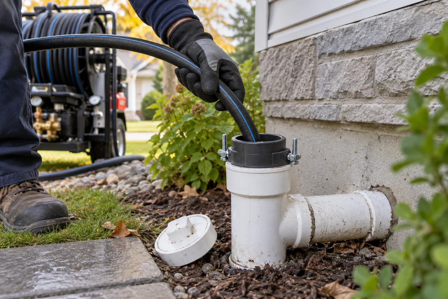 Hydro jetting hose guided through a sewer cleanout for Calgary drain cleaning