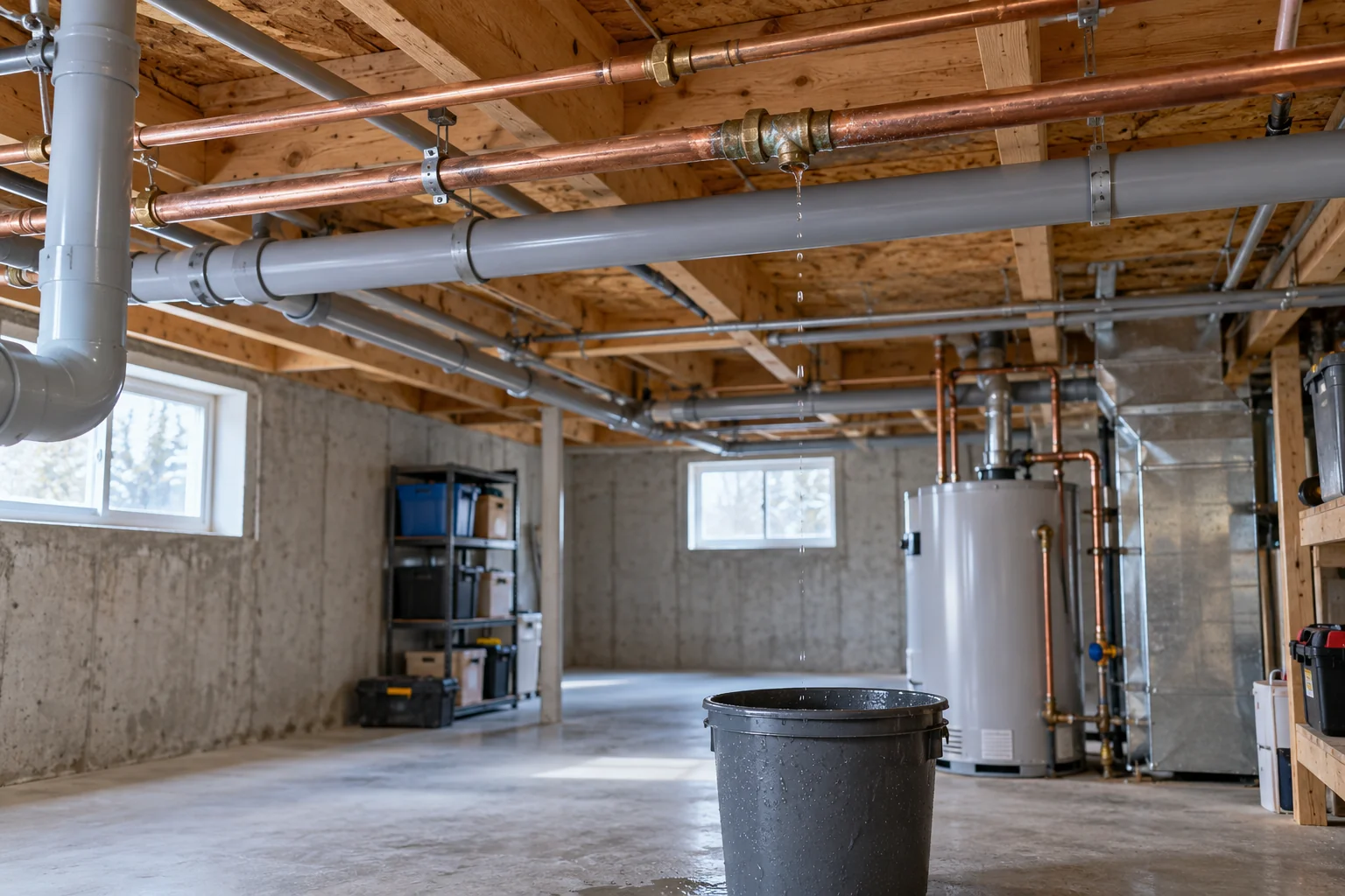 Water supply pipes beneath basement joists for Calgary pipe and water line services
