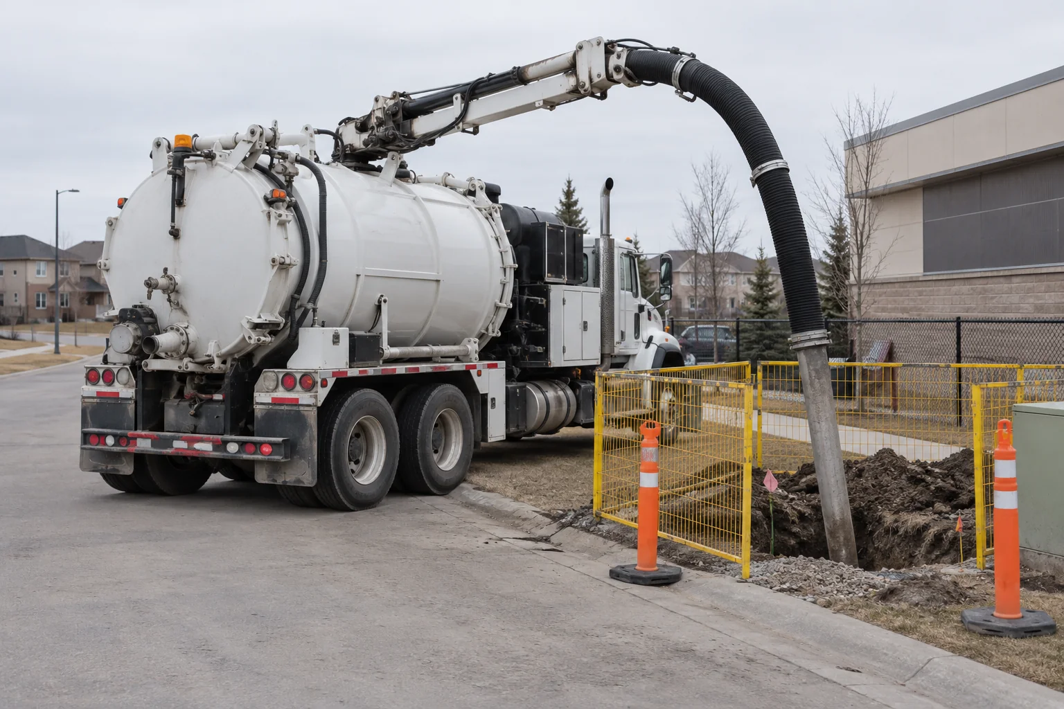 Vacuum truck beside a contained work site for Calgary hydrovac and pumping services