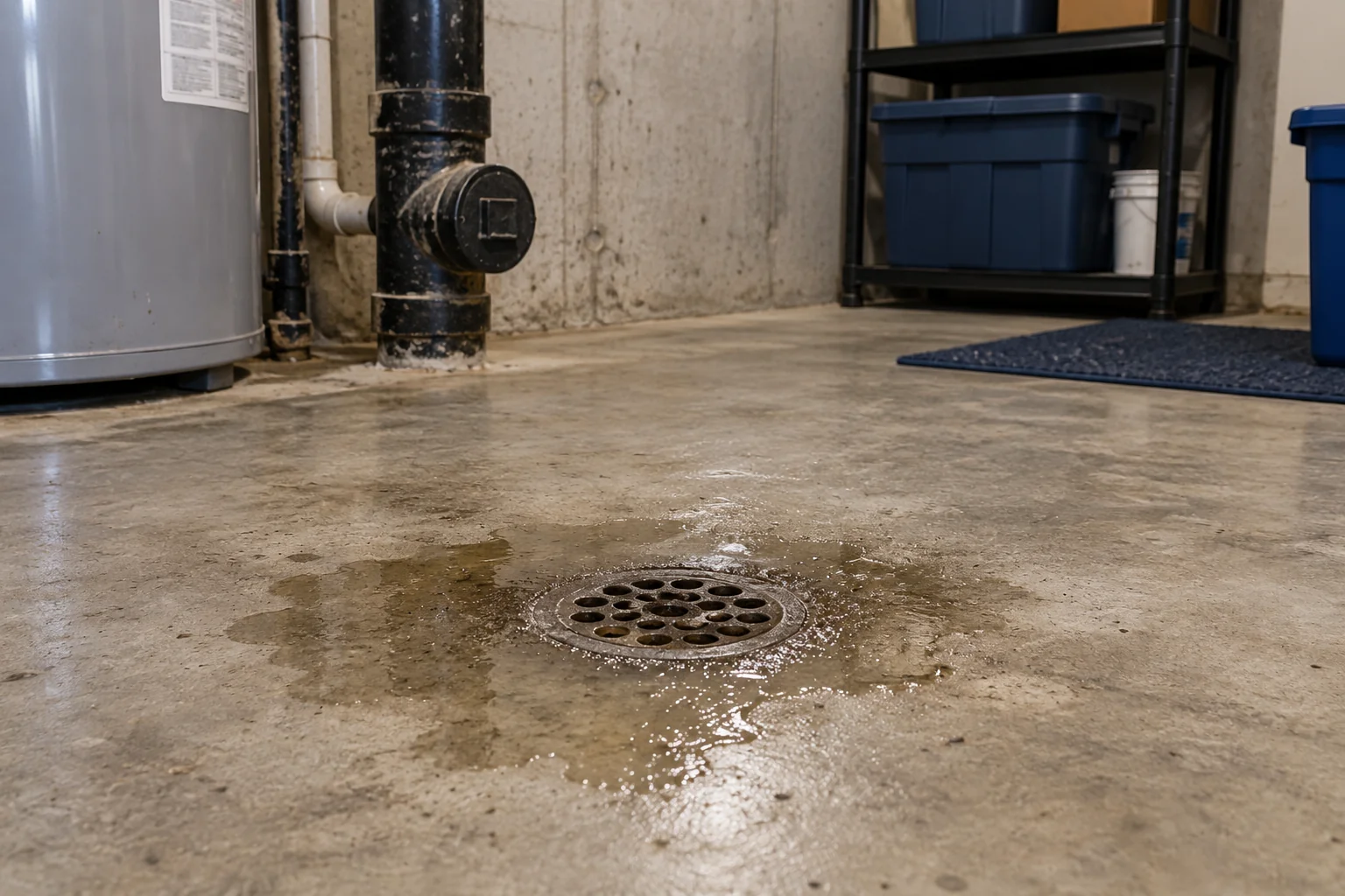 Localized wastewater around a basement floor drain in a Calgary sewer backup guide