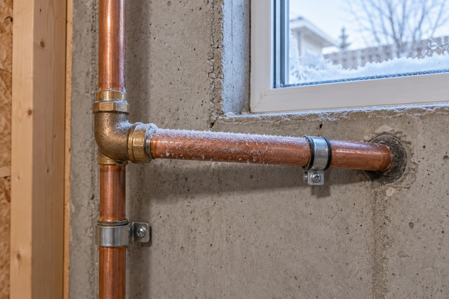 Frost on an exposed copper water pipe beside a basement window for Calgary frozen pipe guidance