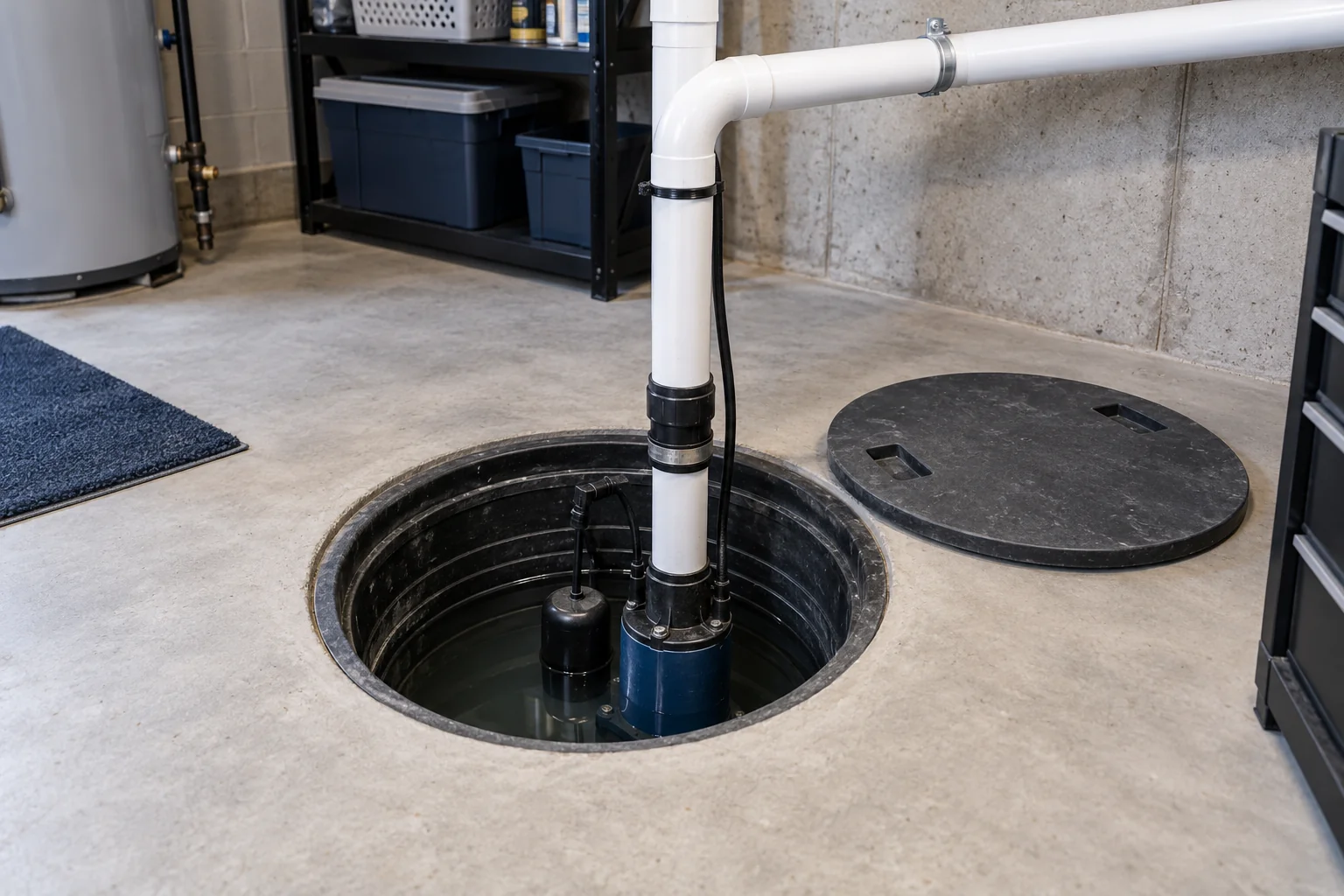 Groundwater sump pump and discharge pipe in a dry basement for Calgary sump pump failure guidance