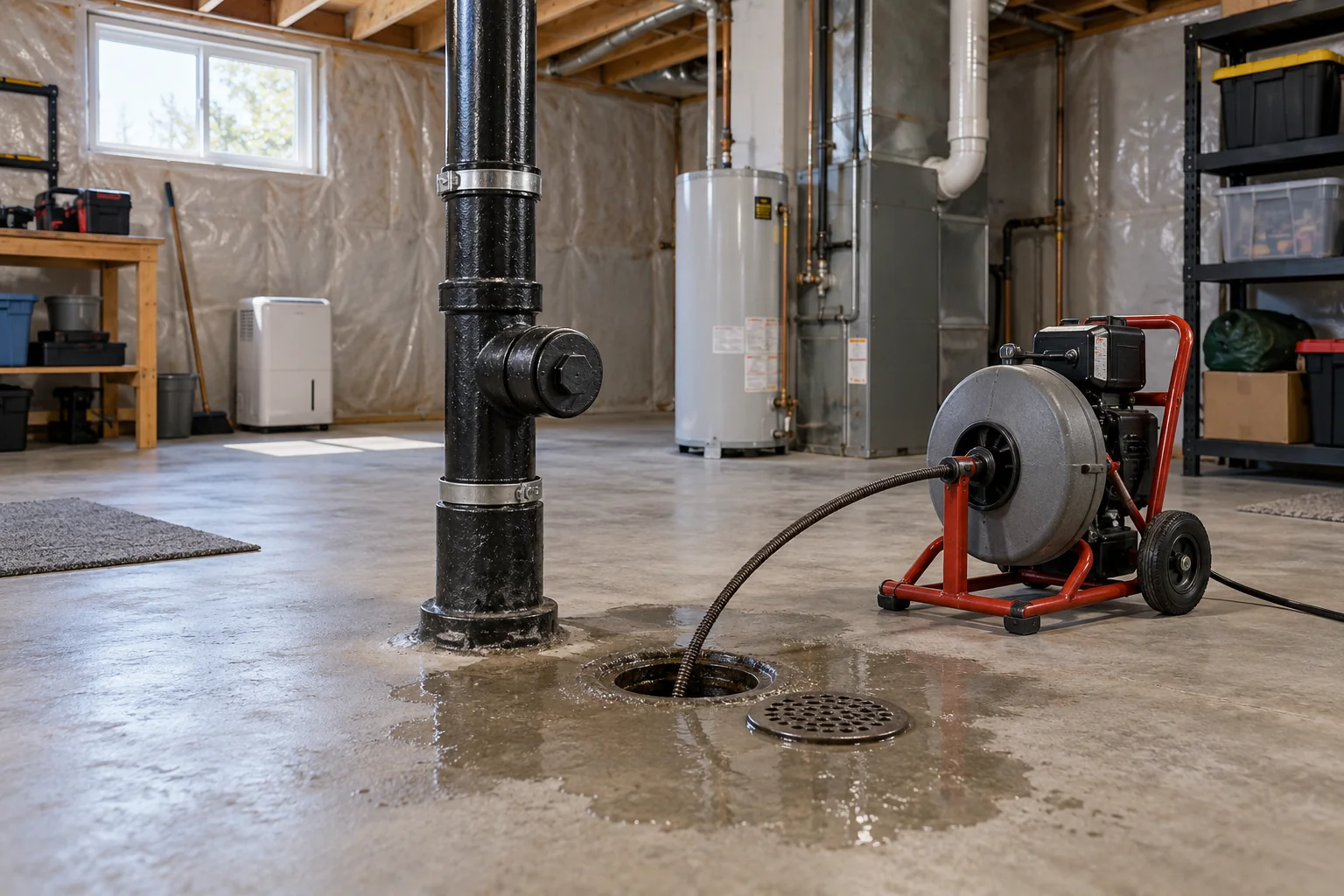 Basement drain stack and floor drain for Calgary drain and sewage services